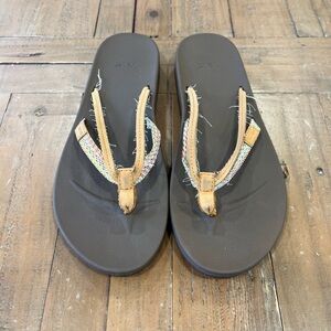 Teva Azure 2 tan leather Flip Flops with Multicolor fabric Straps